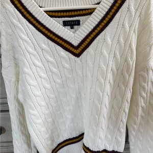 STATE Women's V-Neck Cable Knit Sweater - White and Brown